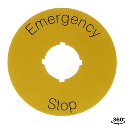 ABB 70 mm diameter legend plate for emergency stop. Black text on yellow aluminum with text: Emergency stop, manufacturer catalog image