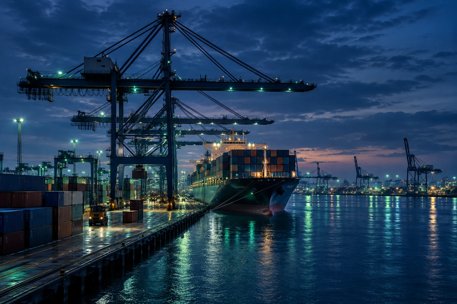 Illustrative international container terminal with a cargo vessel and cranes at blue hour