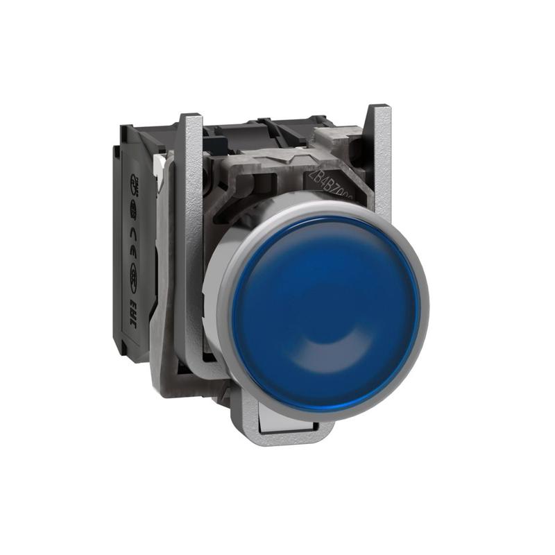 Schneider Electric Harmony XB4, Illuminated push button, metal, flush, blue, Ø22, spring return, 1 NO + 1 NC 24 V AC/DC, manufacturer catalog image