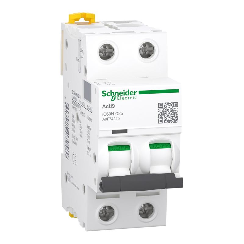 Schneider Electric Miniature circuit breaker (MCB), Acti9 iC60N, 2P, 25A, C curve, 6000A (IEC/EN 60898-1), 10kA (IEC/EN 60947-2), manufacturer catalog image