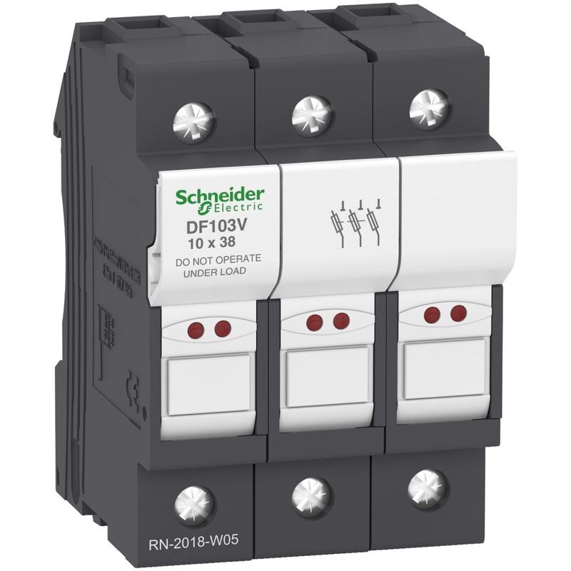 Schneider Electric Fuse carrier, TeSys DF, 3P, 32A, 690VAC, fuse size 10x38mm, blown fuse indicator, manufacturer catalog image