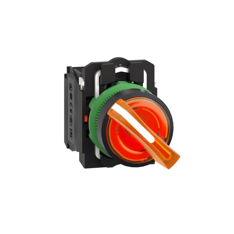 Schneider Electric illuminated selector switch, Harmony XB5, grey plastic, orange handle, 22mm, universal LED, 2 positions, 1NO + 1NC, 24V AC/DC, manufacturer catalog image