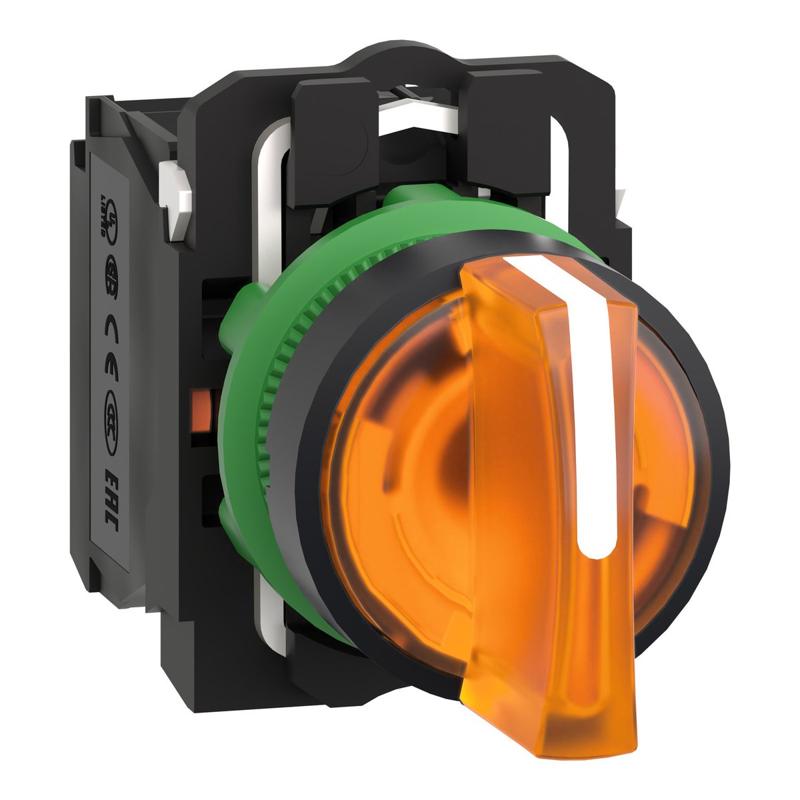 Schneider Electric illuminated selector switch, Harmony XB5, grey plastic, orange handle, 22mm, universal LED, 3 positions, 1NO + 1NC, 24V AC/DC, manufacturer catalog image