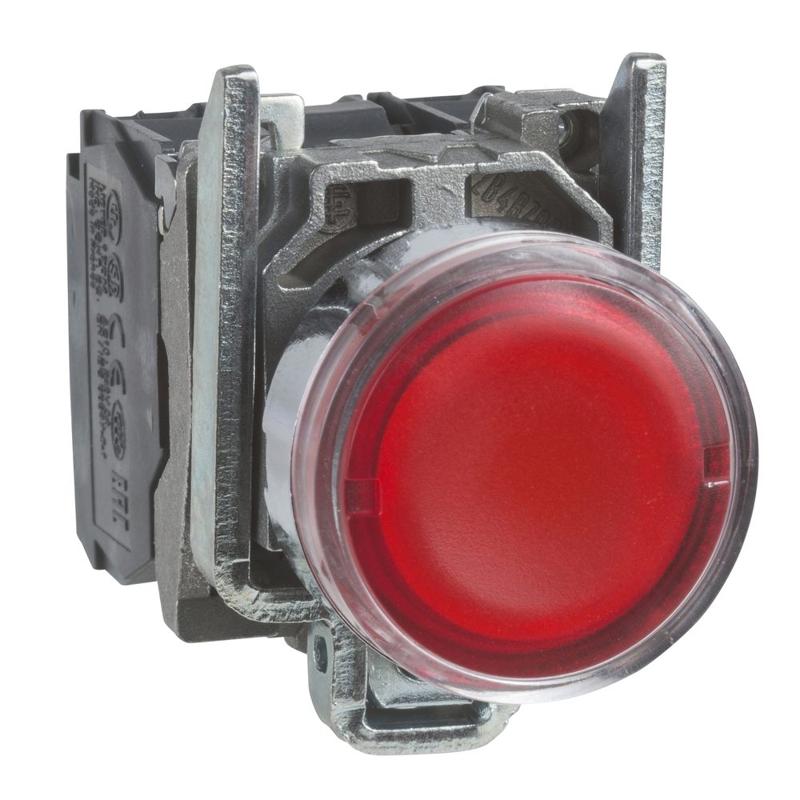 Schneider Electric Illuminated push button, metal, flush, red, Ø22, spring return, <= 250 V, 1 NO + 1 NC, manufacturer catalog image