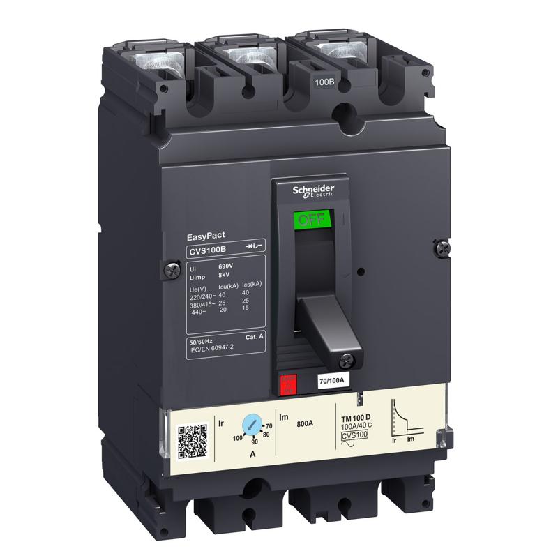 Schneider Electric circuit breaker EasyPact CVS100F, 36 kA at 415 VAC, 63 A rating thermal magnetic TM-D trip unit, 3P 3d, manufacturer catalog image