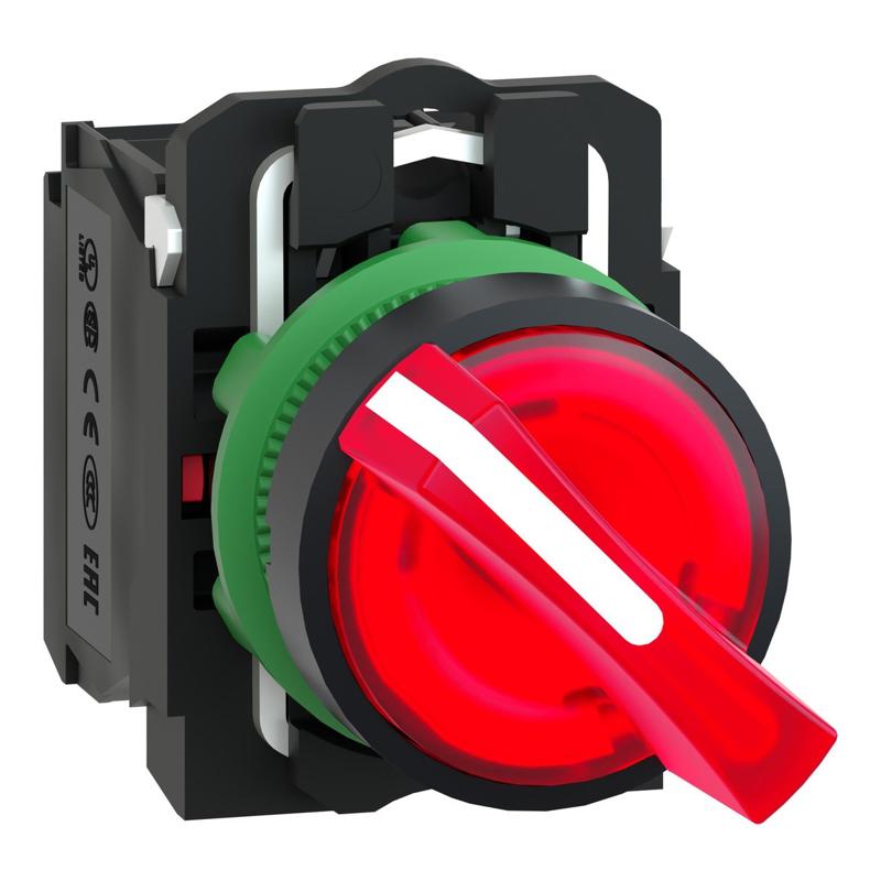 Schneider Electric illuminated selector switch, Harmony XB5, grey plastic, red handle, 22mm, universal LED, 2 positions, 1NO + 1NC, 230...240V AC, manufacturer catalog image