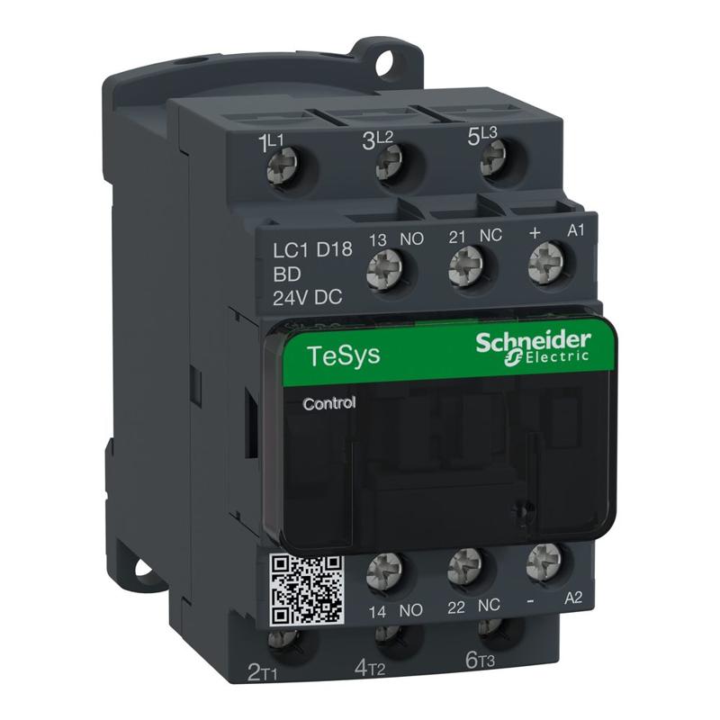 Schneider Electric Contactor, Tesys Deca, 3P(3NO), AC-3/AC-3e, <=440V 18A, 24V DC coil, screw clamp terminals, manufacturer catalog image