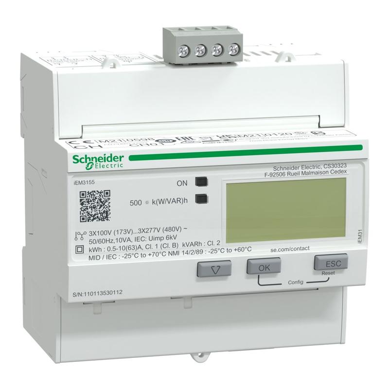 Schneider Electric iEM3155 energy meter - 63 A - Modbus - 1 digital I - 1 digital O - multi-tariff - MID, manufacturer catalog image