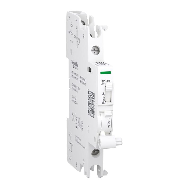 Schneider Electric Auxiliary contact, Acti9 A9A, iSD+OF, 2 C/O, 2mA to 100mA, 24VAC to 250VAC, 24VDC to 220VDC, top and bottom connection, manufacturer catalog image