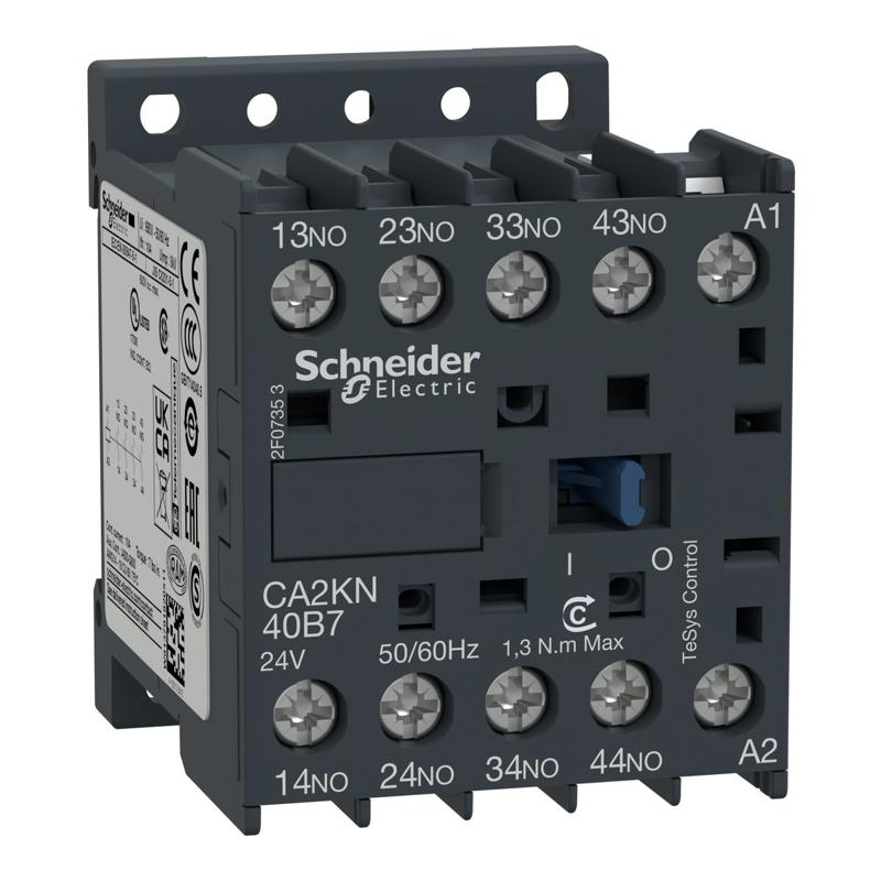 Schneider Electric control relay, TeSys K, 4P(4NO), 690V, 24V AC standard coil, manufacturer catalog image
