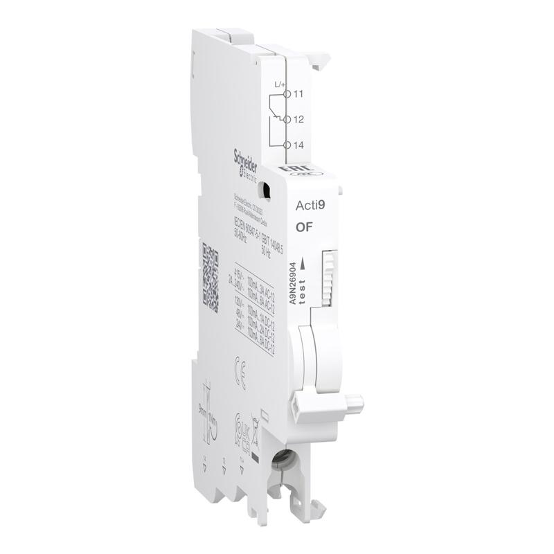Schneider Electric Auxiliary contact, Acti9 A9N, OF, 1 C/O, 100mA to 6A, 24VAC to 415VAC, 24VDC to 130VDC, bottom connection, manufacturer catalog image