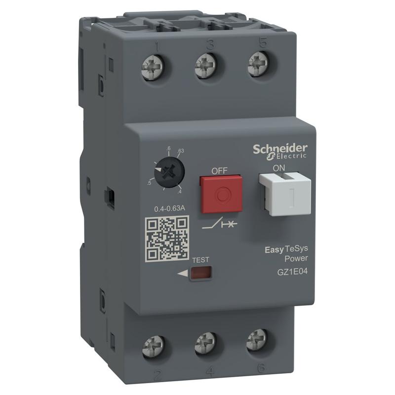 Schneider Electric Motor circuit breaker,Easy TeSys Power,GZ1E,AC-3,3P,0.40..0.63A,thermal magnetic trip, manufacturer catalog image