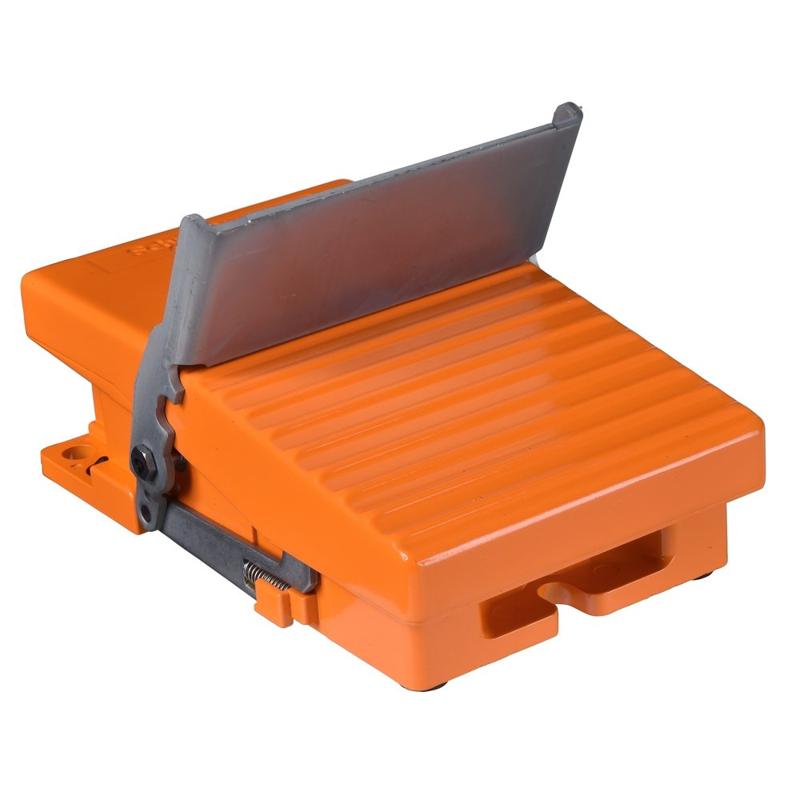 Schneider Electric Single foot switch, Harmony XPE, metal, orange, without cover, trigger mechanism, 1 step, 1 contact 1NC+NO, IP66, manufacturer catalog image