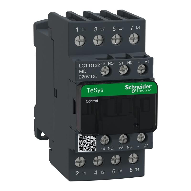 Schneider Electric Contactor, TeSys Deca, 4P(4 NO), AC-1, <=440V, 32A, 220VDC standard coil, screw clamp terminal, manufacturer catalog image