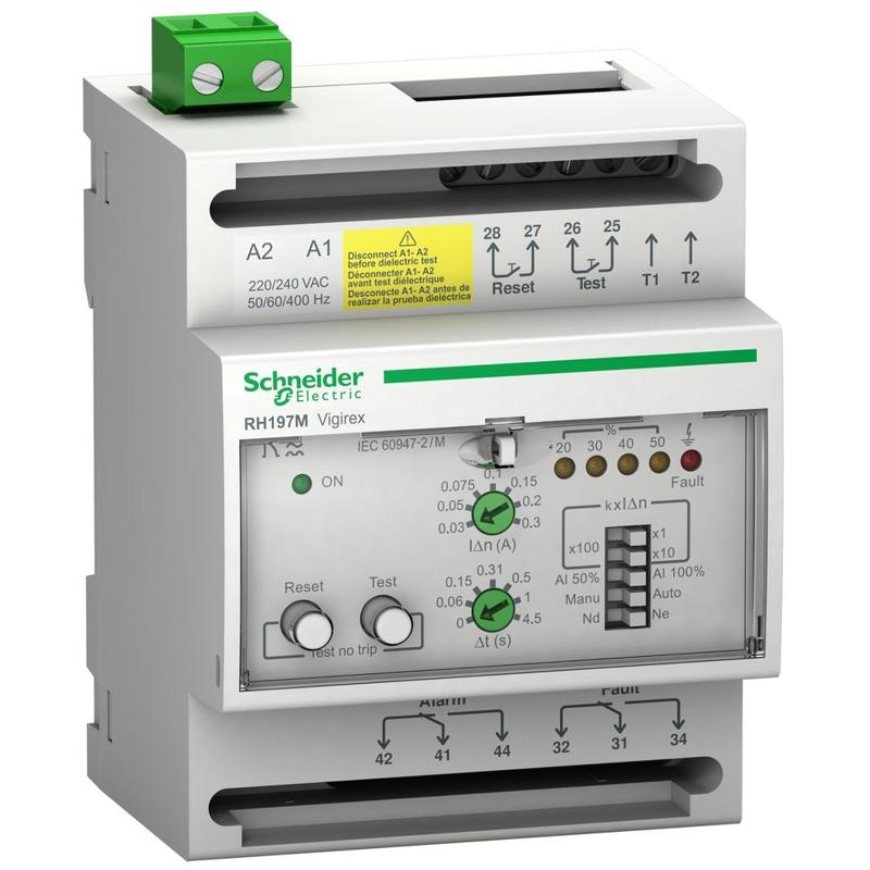 Schneider Electric residual current protection relay, Vigirex RH197M, 30 mA to 30 A, 220/240 VAC 50/60Hz, alarm 50% or 100%, DIN rail mounting, manufacturer catalog image