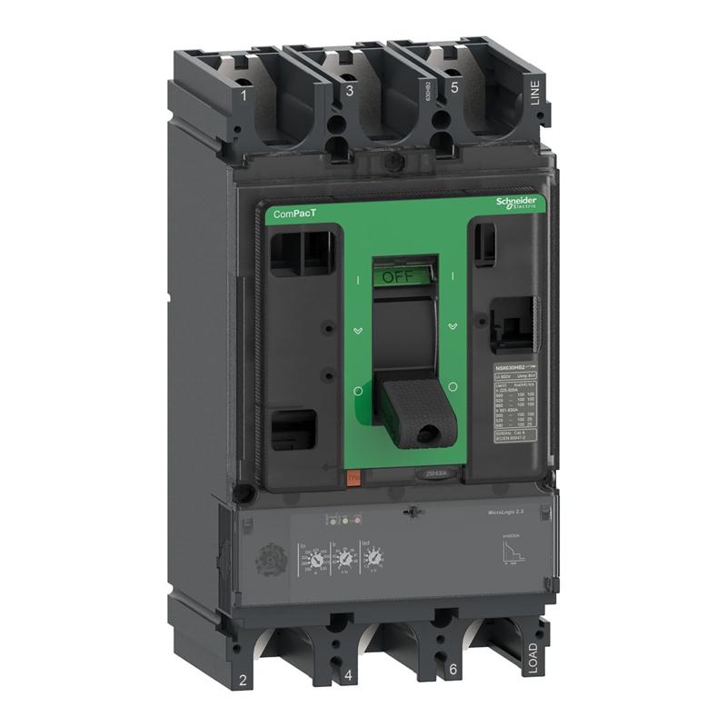 Schneider Electric Circuit breaker, ComPacT NSX630F, 36kA/415VAC, 3 poles, MicroLogic 2.3 trip unit 630A, manufacturer catalog image