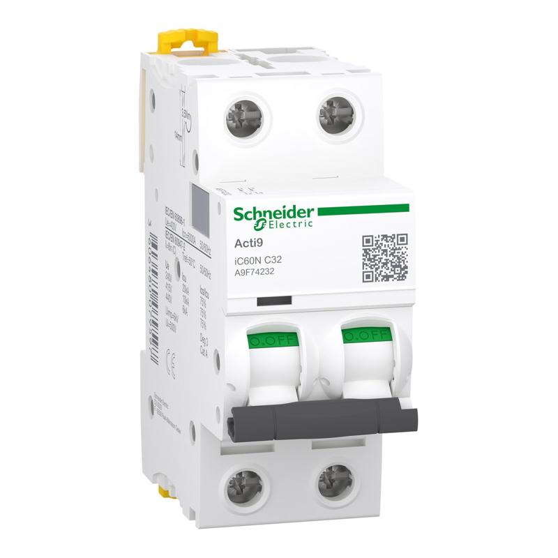 Schneider Electric Miniature circuit breaker (MCB), Acti9 iC60N, 2P, 32A, C curve, 6000A (IEC/EN 60898-1), 10kA (IEC/EN 60947-2), manufacturer catalog image
