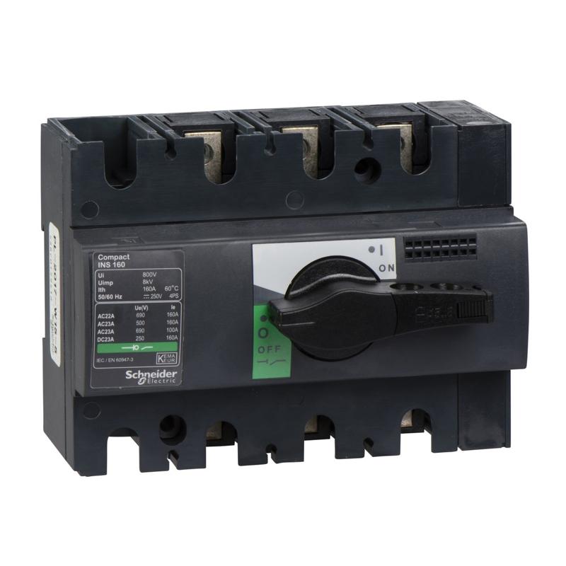 Schneider Electric switch disconnector, Compact INS160 , 160 A, standard version with black rotary handle, 3 poles, manufacturer catalog image