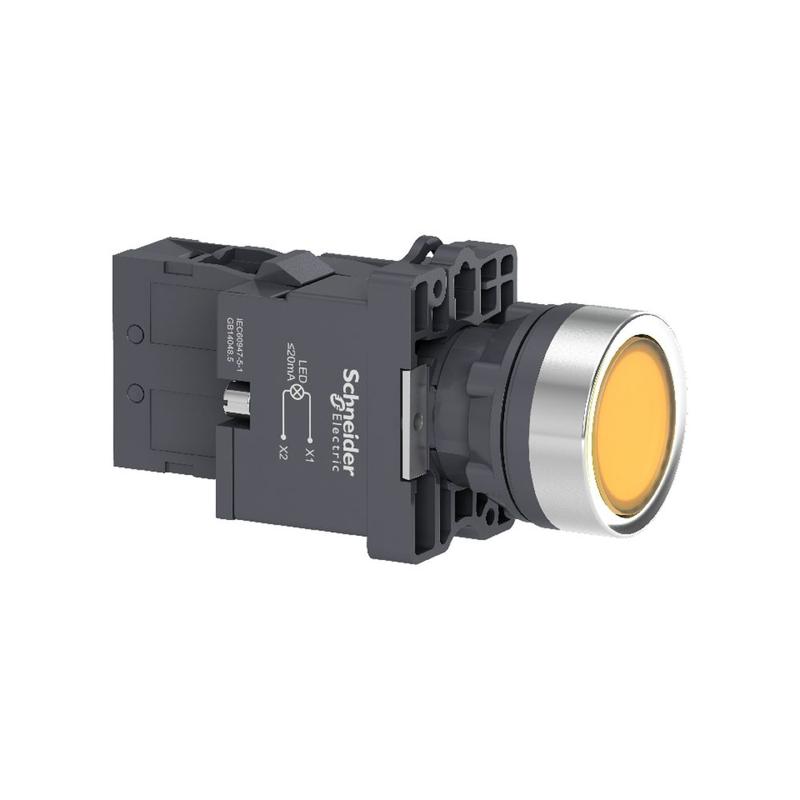 Schneider Electric yellow flush complete illum push-button - Ø22 - flush - 220V AC - 1NO, manufacturer catalog image