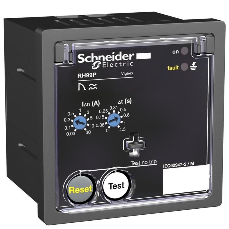 Schneider Electric residual current protection relay, Vigirex RH99P, 30 mA to 30 A, 220/240 VAC 50/60 Hz, front panel mounting, manufacturer catalog image
