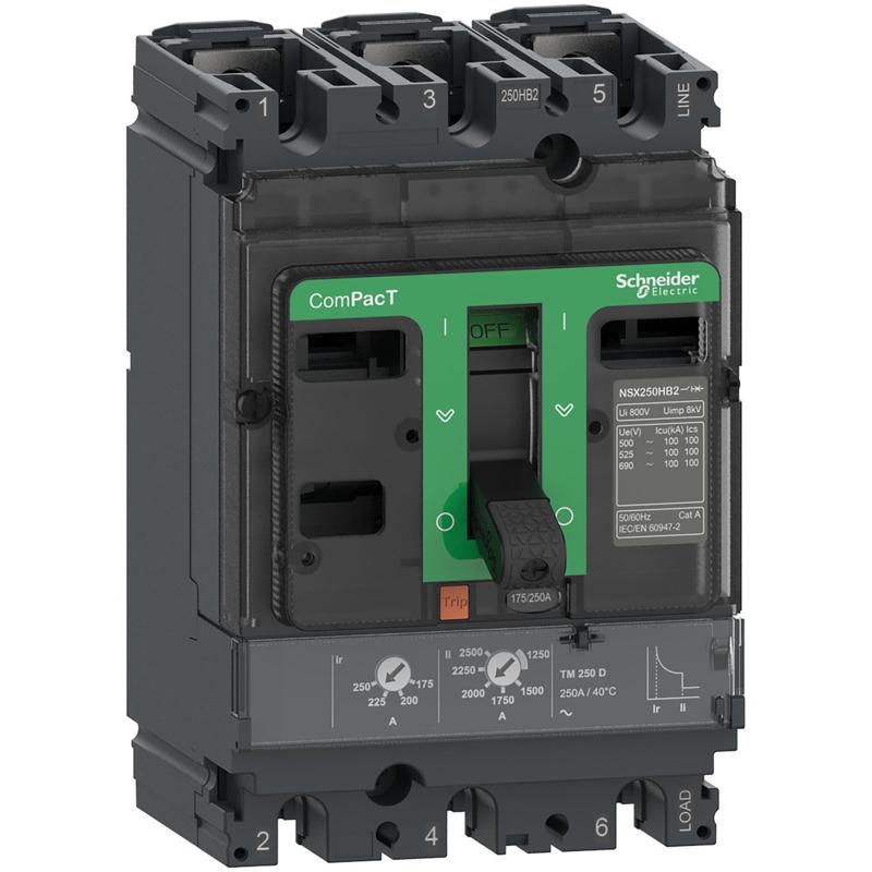 Schneider Electric Circuit breaker, ComPacT NSX250F, 36kA/415VAC, 3 poles, TMD trip unit 200A, manufacturer catalog image