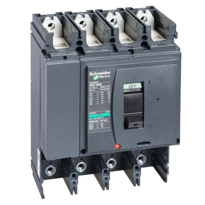 Schneider Electric circuit breaker basic frame, ComPact NSX400N, 50 kA at 415 VAC 50/60 Hz, 400 A, without trip unit, 4 poles, manufacturer catalog image