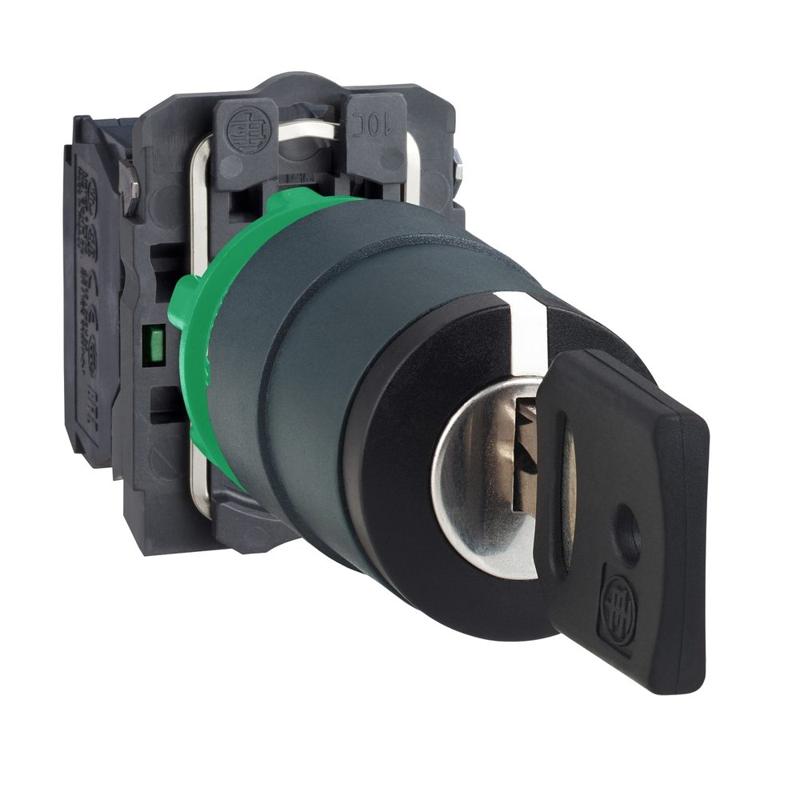 Schneider Electric Harmony XB5, Key switch selector, plastic, black, Ø22, key n°455, 3 positions, stay put, 2 NO, manufacturer catalog image