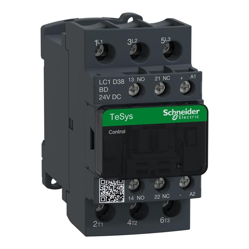Schneider Electric TeSys D contactor - 3P(3 NO) - AC-3 - <= 440 V 38 A - 24 V DC standard coil, manufacturer catalog image