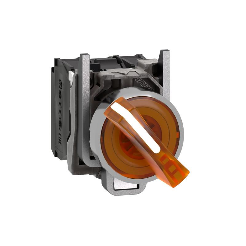 Schneider Electric Illuminated selector switch, Harmony XB4, metal, orange handle, 22mm, universal LED, 2 positions, 1NO + 1NC, 230...240V AC, manufacturer catalog image