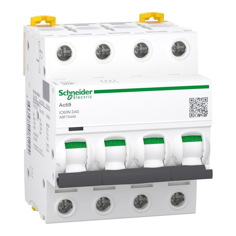 Schneider Electric Miniature circuit breaker (MCB), Acti9 iC60N, 4P, 40A, D curve, 6000A (IEC/EN 60898-1), 10kA (IEC/EN 60947-2), manufacturer catalog image