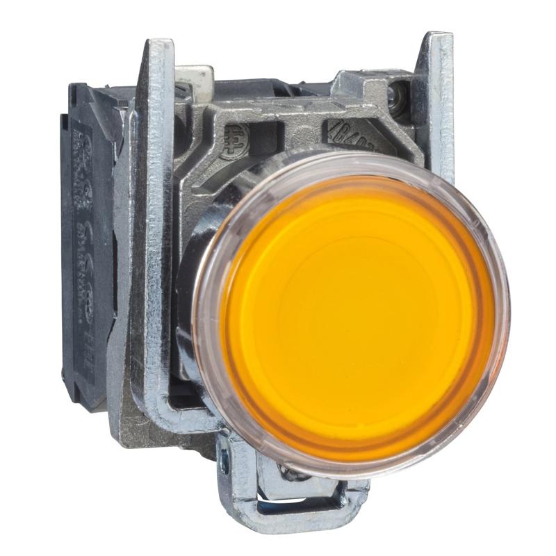 Schneider Electric orange flush complete illum pushbutton Ø22 spring return 1NO+1NC 250V, manufacturer catalog image