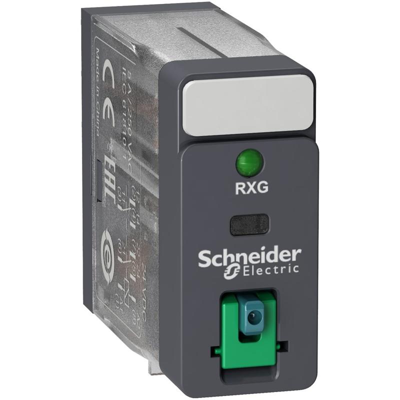 Schneider Electric interface plug-in relay - HARMONY RXG - 2C/O standard -24VDC-5A - with LTB and LED, manufacturer catalog image