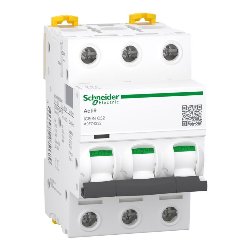 Schneider Electric Miniature circuit breaker (MCB), Acti9 iC60N, 3P, 32A, C curve, 6000A (IEC/EN 60898-1), 10kA (IEC/EN 60947-2), manufacturer catalog image