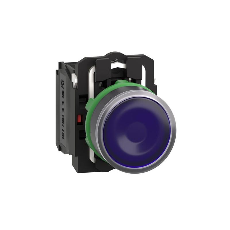 Schneider Electric Illuminated push button, plastic, flush, blue, Ø22, spring return, 24 V AC/DC, 1 NO + 1 NC, manufacturer catalog image