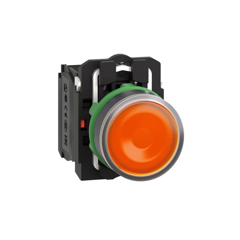 Schneider Electric Illuminated push button, plastic, flush, orange, Ø22, spring return, 24 V AC/DC, 1 NO + 1 NC, manufacturer catalog image