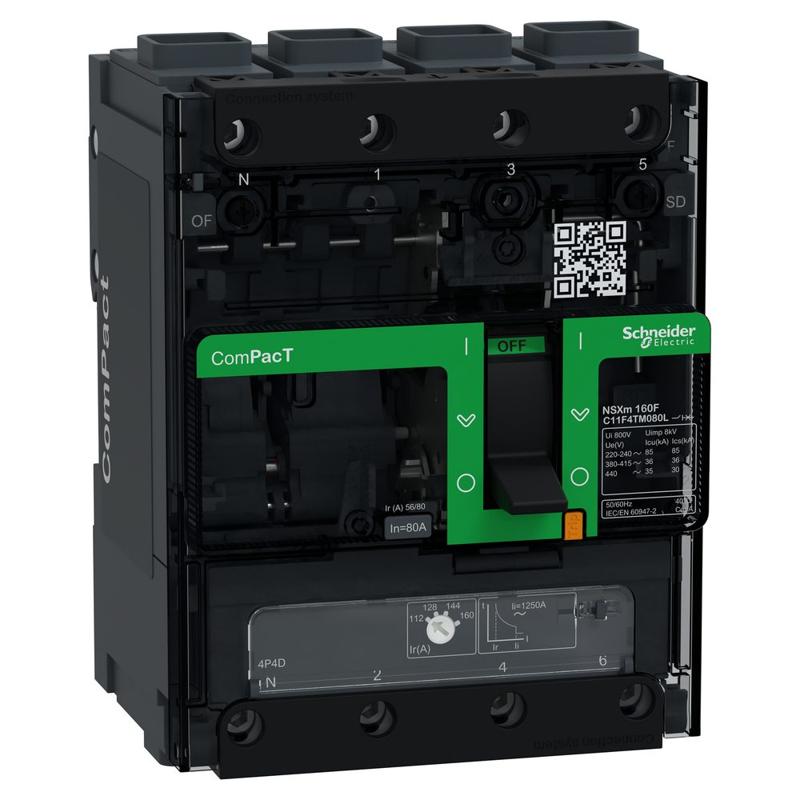 Schneider Electric circuit breaker ComPacT NSXm F (36 kA at 415 VAC), 4P 4d, 100 A rating TMD trip unit, EverLink connectors, manufacturer catalog image