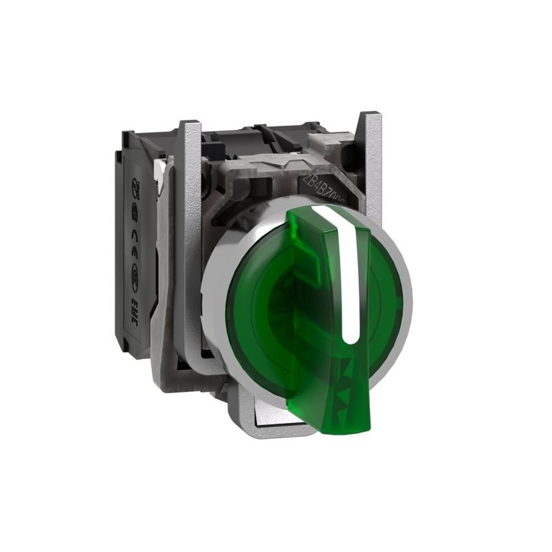 Schneider Electric Illuminated selector switch, Harmony XB4, metal, green handle, 22mm, universal LED, 3 positions, 1NO + 1NC, 230...240V AC, manufacturer catalog image