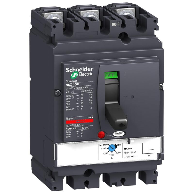 Schneider Electric circuit breaker Compact NSX100F, 36 kA at 415 VAC, MA trip unit 50 A, 3 poles 3d, manufacturer catalog image