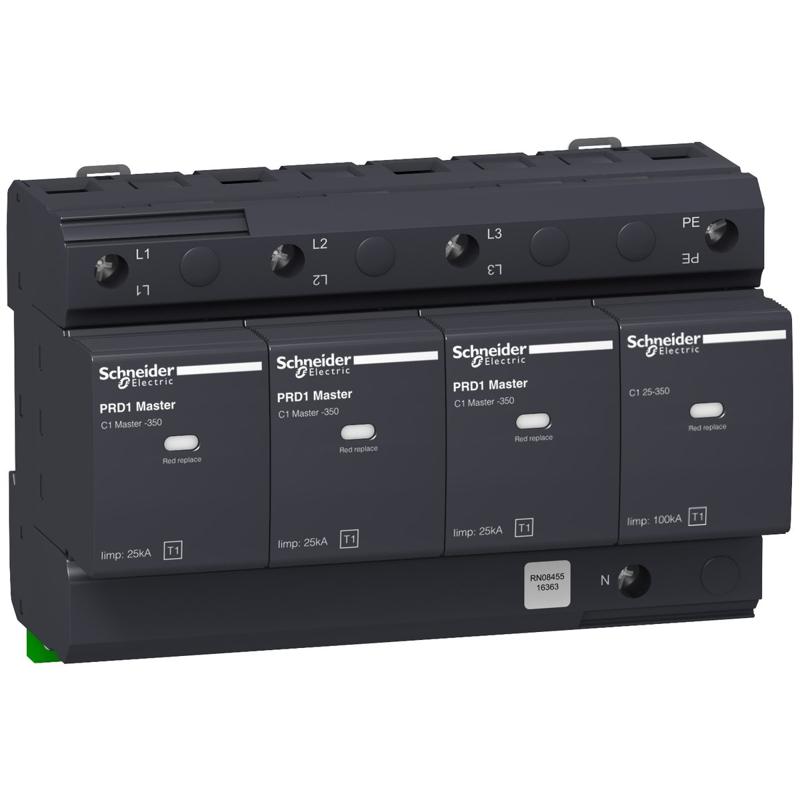 Schneider Electric PRD1 Master modular surge arrester - 3 poles + N - 350V - with remote transfer, manufacturer catalog image
