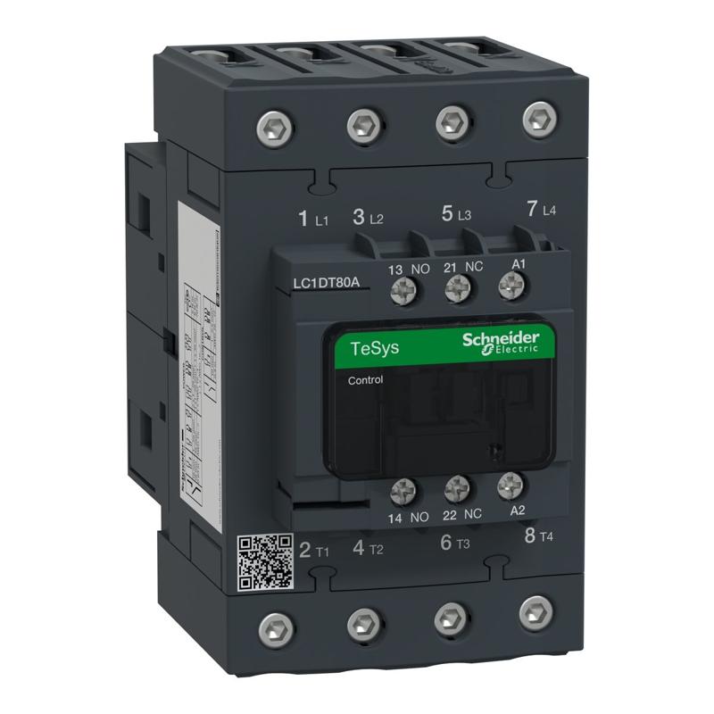 Schneider Electric TeSys D contactor - 4P(4 NO) - AC-1 - <= 440 V 80 A - 220 V AC 50/60 Hz coil, manufacturer catalog image