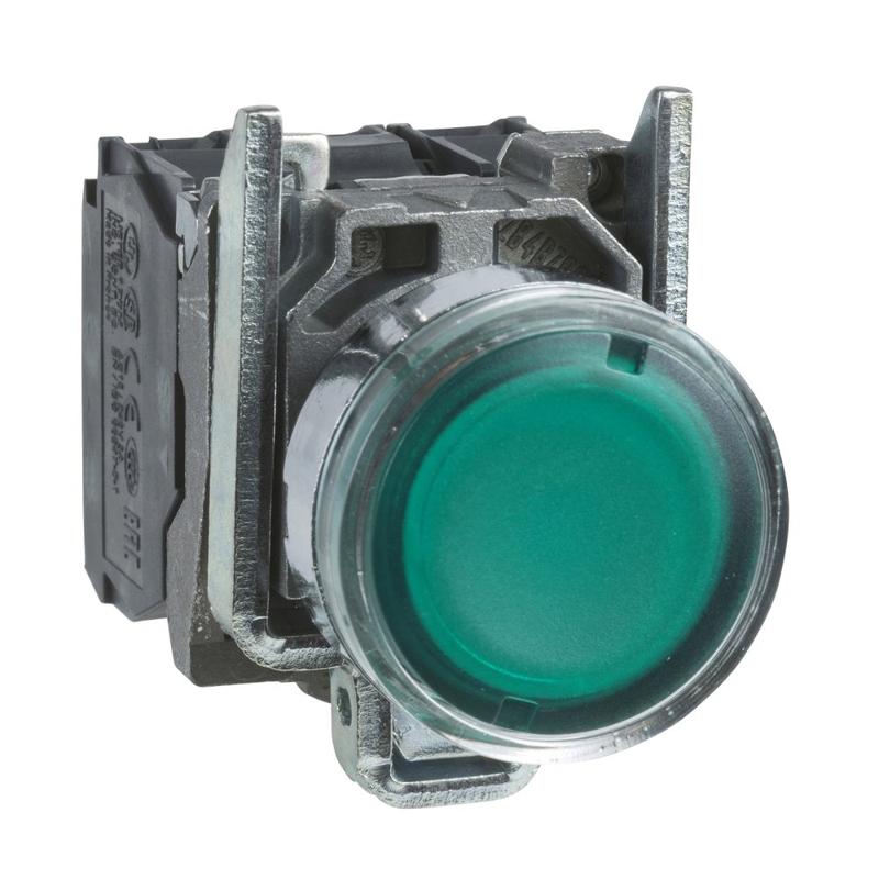 Schneider Electric Illuminated push button, metal, flush, green, Ø22, spring return, <= 250 V, 1 NO + 1 NC, manufacturer catalog image