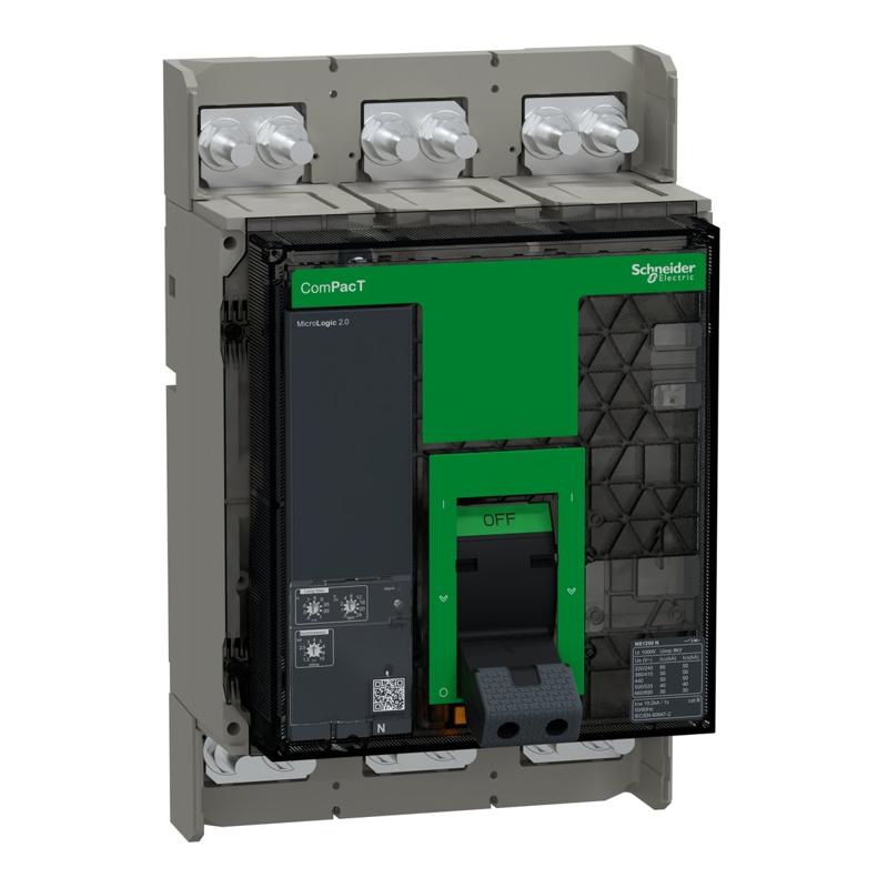 Schneider Electric Circuit breaker, ComPacT NS1250N, 50kA at 415VAC, 3P, fixed, manually operated, MicroLogic 2.0 control unit, 1250A, manufacturer catalog image
