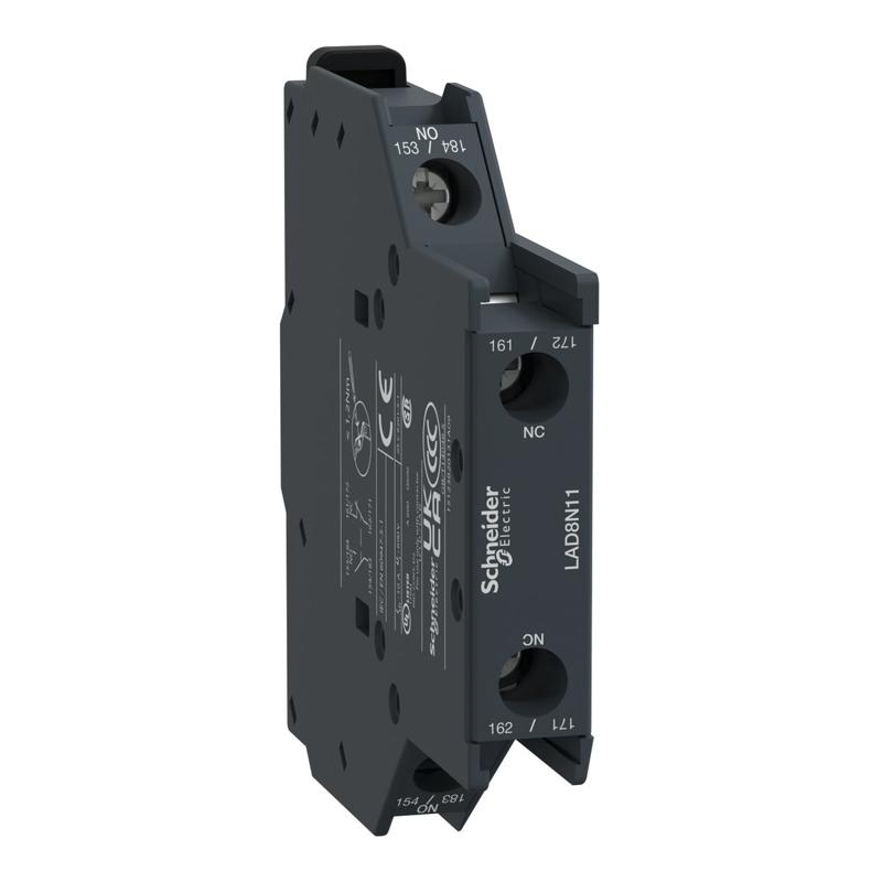 Schneider Electric Auxiliary contact block, TeSys D, 1NO + 1NC, side mounting, screw clamp terminals, manufacturer catalog image