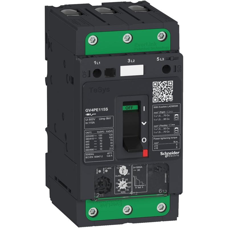 Schneider Electric Motor circuit breaker, TeSys GV4, 3P, 115A, Icu 25kA, thermal magnetic, Everlink terminals, manufacturer catalog image