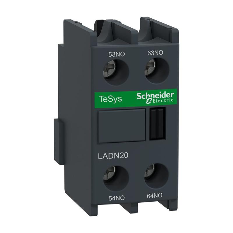 Schneider Electric Auxiliary contact block, TeSys D, 2NO, front mounting, screw clamp terminals, manufacturer catalog image