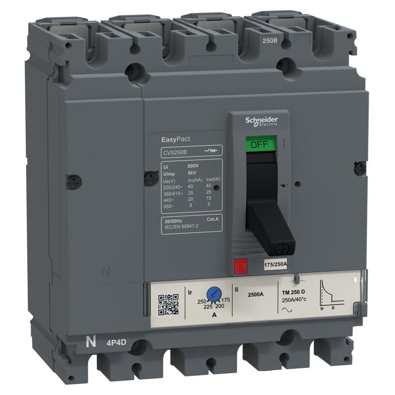Schneider Electric circuit breaker EasyPact CVS100B, 25 kA at 415 VAC, 40 A rating thermal magnetic TM-D trip unit, 4P 3d, manufacturer catalog image