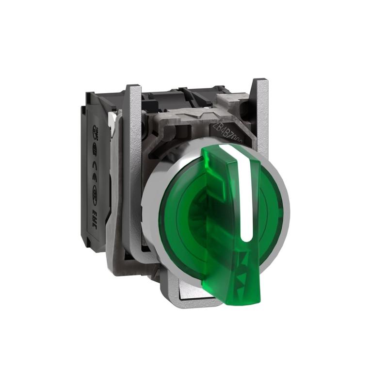 Schneider Electric Illuminated selector switch, Harmony XB4, metal, green handle, 22mm, universal LED, 3 positions, 1NO + 1NC, 24V AC DC, manufacturer catalog image