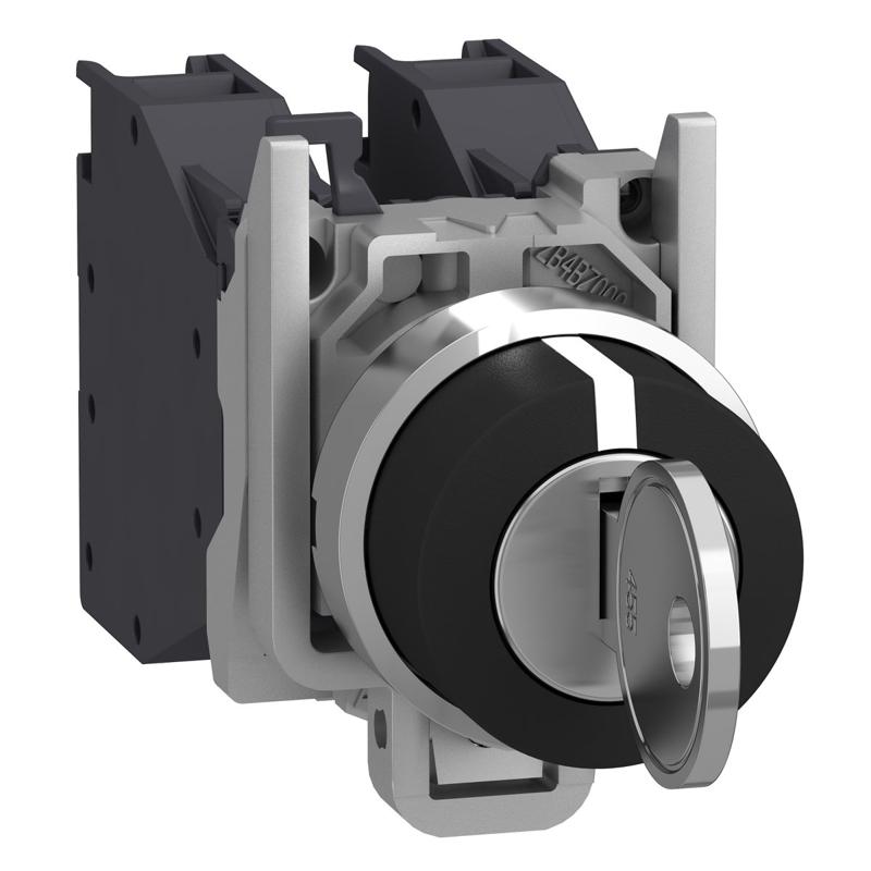 Schneider Electric black selector switch Ø22 3-position stay put 2NO 600V, manufacturer catalog image