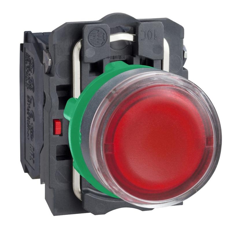 Schneider Electric Illuminated push button, plastic, flush, red, Ø22, plain lens for BA9s bulb, spring return, <= 250 V, 1 NO + 1 NC, manufacturer catalog image