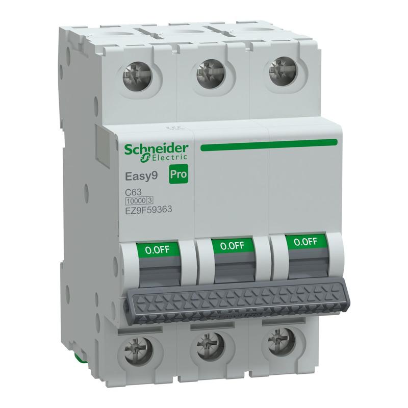 Schneider Electric Miniature Circuit Breaker(MCB), Easy9 Pro, 3P, 63A, C curve, 10000A(IEC/EN 60898-1), 10kA(IEC/EN 60947-2), manufacturer catalog image